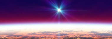 Bulutlu okyanus üzerinden Dünya 'nın doğuşu. 3d resimleme