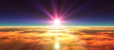 Bulutların üzerinde günbatımı güneş ışığı illüstrasyonu, 3 boyutlu görüntüleme