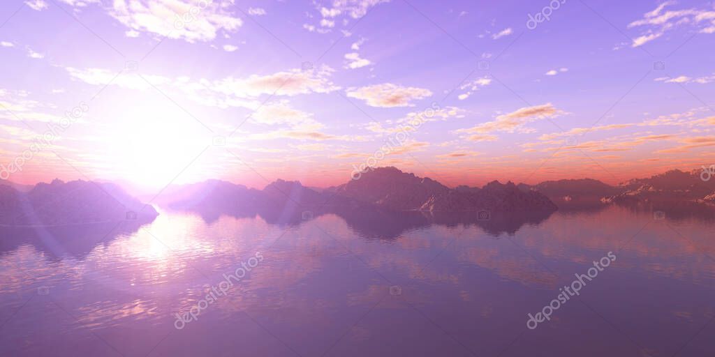 above islands in sea sunset, illustration 3d rendering