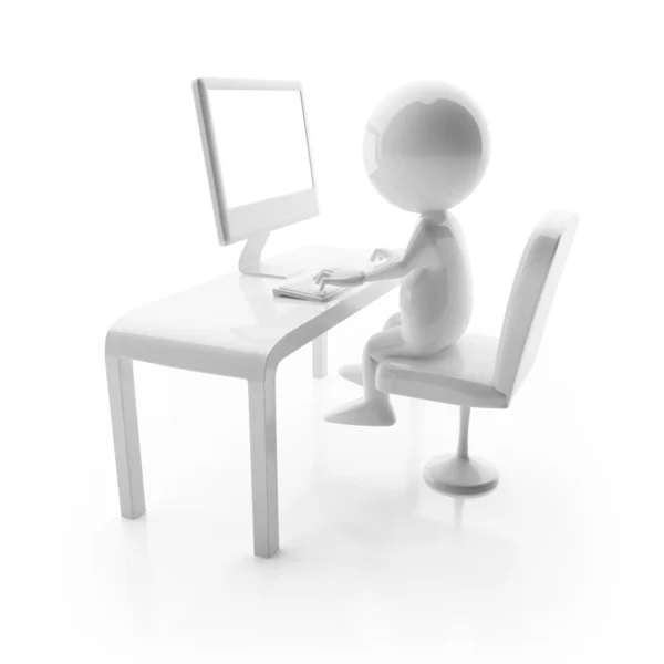 3D glossy character working on computer — Stock Photo, Image