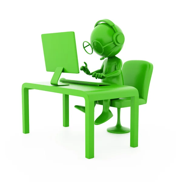 3d green character. Operator - programmer. Isolated on white — Stock Photo, Image
