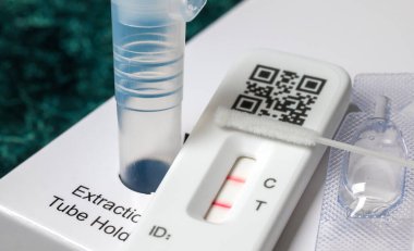 Close-up of rapid Covid-19 home lateral flow antigen test with positive result
