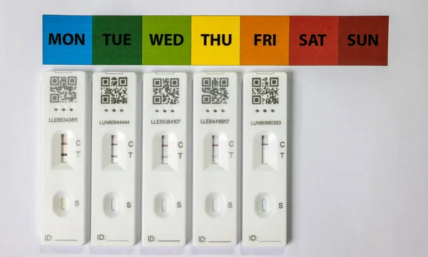 Five Rapid Covid Home Lateral Flow Antigen Test Kits Arranged — Stockfoto