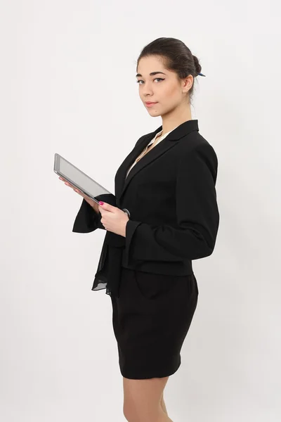 Donna d'affari su uno sfondo bianco con il tablet — Foto Stock
