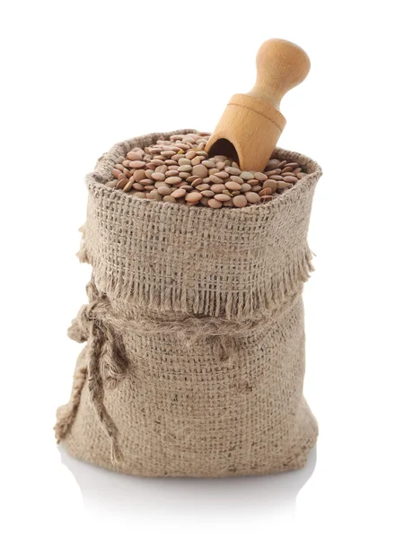 Lentils in a textile sack — Stock Photo, Image