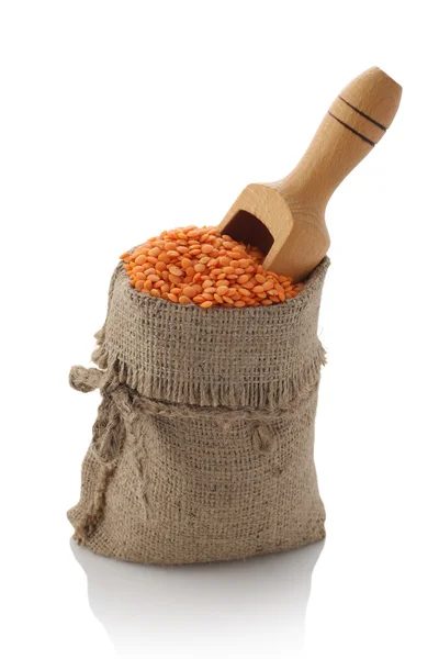 Lentils in a textile sack — Stock Photo, Image