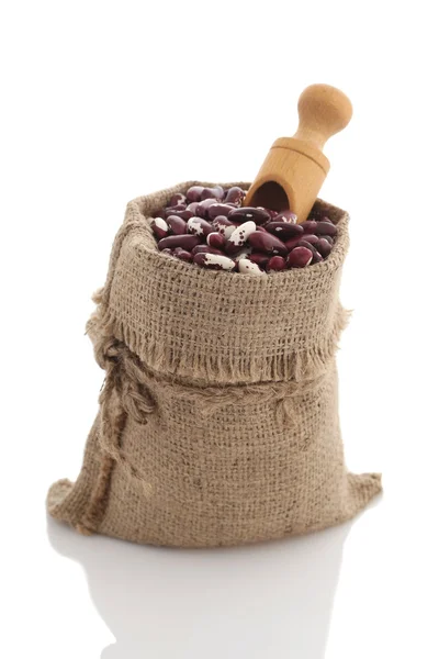 Speckled kidney beans in a burlap sack with scoop — Stock Photo, Image