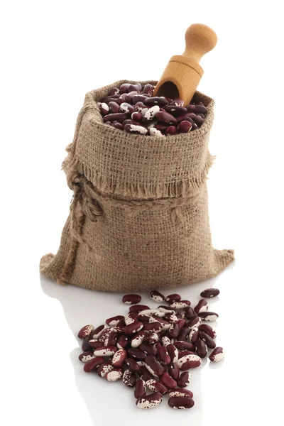 Speckled kidney beans in a burlap sack with scoop — Stock Photo, Image