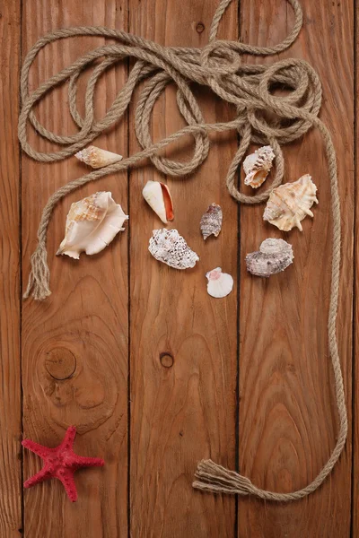 Touw schelpen zeester op houten planken — Stockfoto