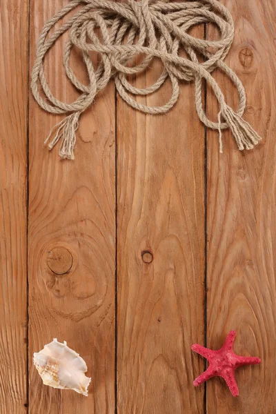 Мотузкові раковини морська зірка на дерев'яних дошках — стокове фото