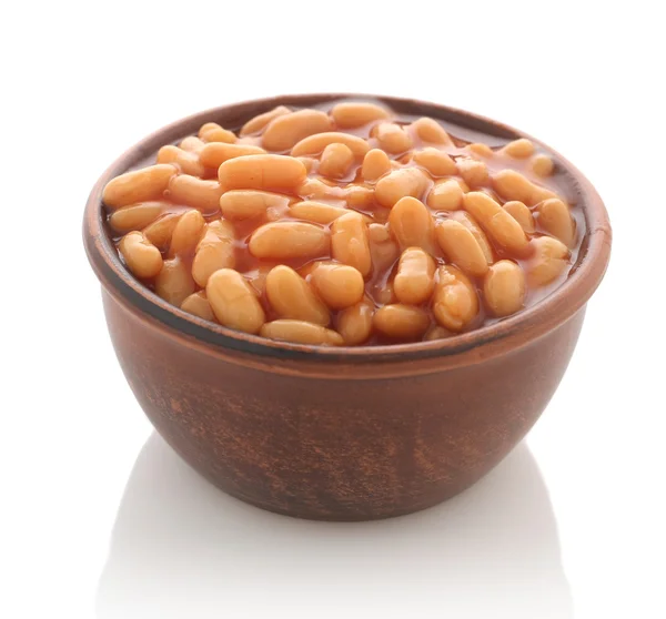 Cooked beans with red sauce in a clay bowl — Stock Photo, Image