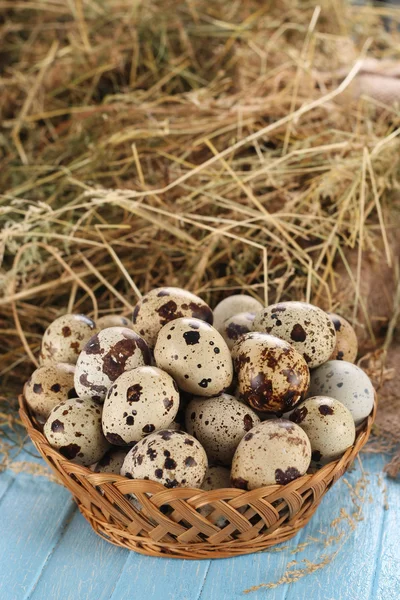 Перепелиные яйца в плетеной корзине — стоковое фото