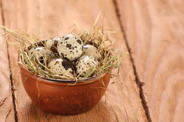 Huevos de codorniz en un tazón de barro con heno — Foto de Stock
