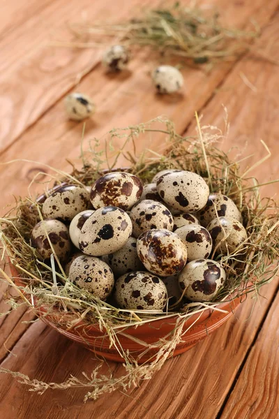 Quail eggs in a clay bowl with hay — Stock Photo, Image