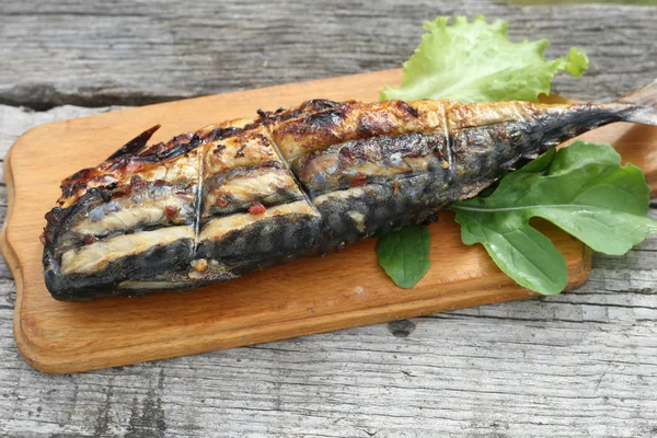 Grilovaná makrela na grilu na táborák — Stock fotografie