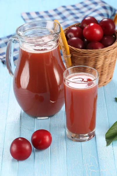 Plum juice in a glass and pitcher, plums in a wicker basket — Stock Photo, Image