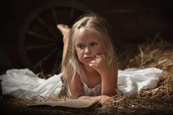 Flicka med en bok i höet — Stockfoto