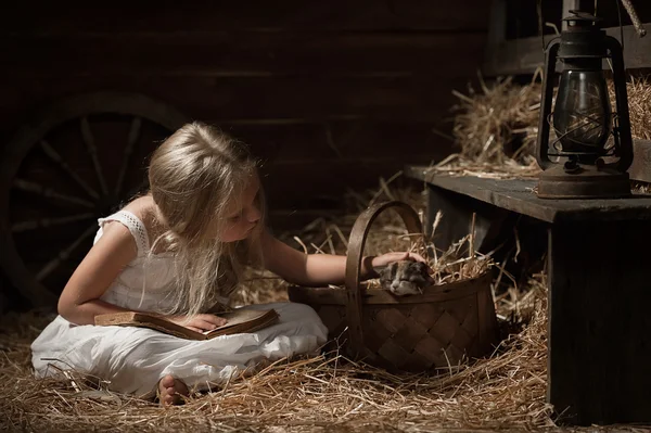 Meisje met een kitten op hooi — Stockfoto