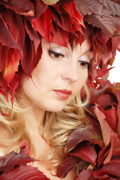 Kadın bir çelenk sonbahar yaprakları — Stok fotoğraf