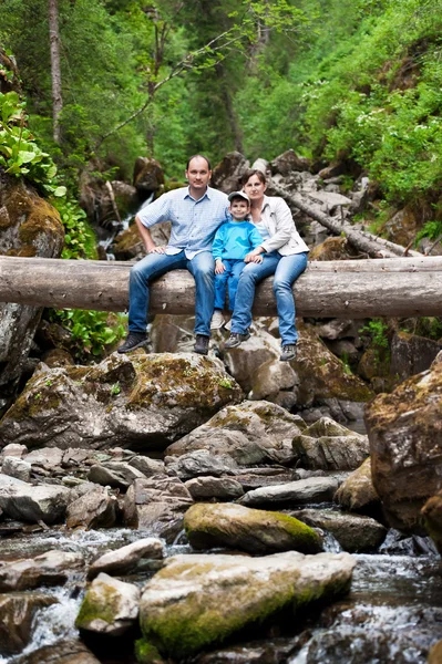 Familie op een omgevallen boom overkant van de rivier — Stockfoto