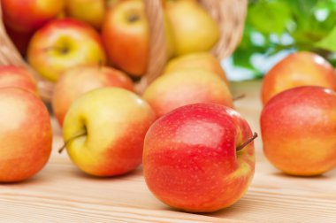 Masanın üzerinde olgunlaşmış Sulu elmalar