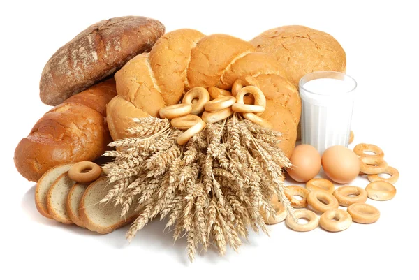 Wheat, bread, milk and eggs — Stock Photo, Image