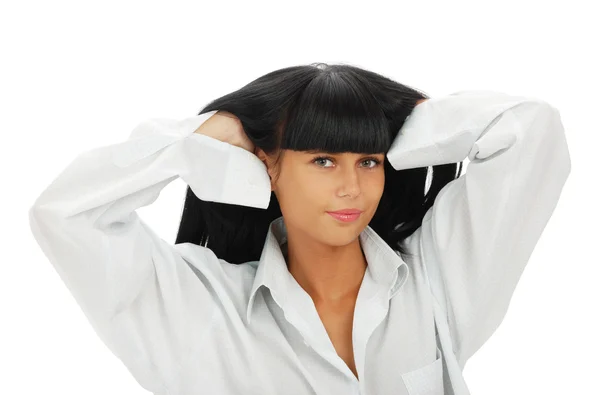 Girl in a man's shirt — Stock Photo, Image