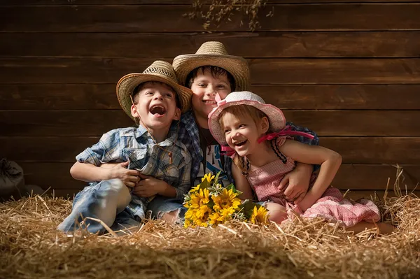 Kinderen op hooi — Stockfoto