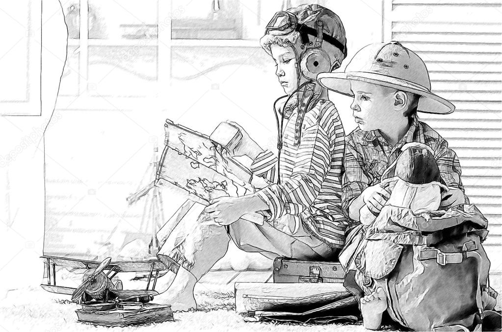 Boys travelers studying maps and  books