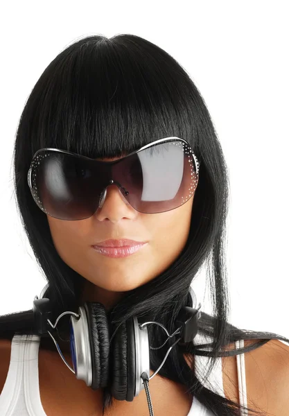 Girl in sunglasses and headphones — Stock Photo, Image