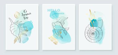 Yaz tropik duvar sanatları geçmişi. Balık, deniz kabuğu, midye, su altı dünya çizgisi sanat, duvar çerçevesi, tuval baskıları, poster, ev dekoru, duvar kağıdı için suluboya arka plan tasarımı,