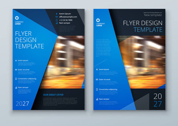 Flyer design. Corporate business report cover, brochure or flyer design. Leaflet presentation with abstract blue accent, polygonal shaped background. Modern poster magazine, layout, template. A4