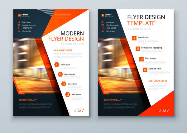 Flyer design. Corporate business report cover, brochure or flyer design. Leaflet presentation with abstract orange accent, polygonal shaped background. Modern poster magazine, layout, template. A4