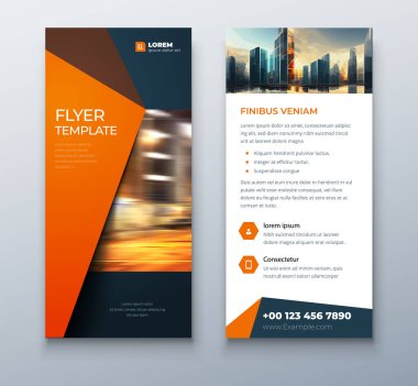 DL Flyer tasarımı. Dl pilotu için turuncu iş şablonu. Modern çokgen fotoğraflı ve soyut arkaplanlı düzen. Yaratıcı broşür veya broşür konsepti