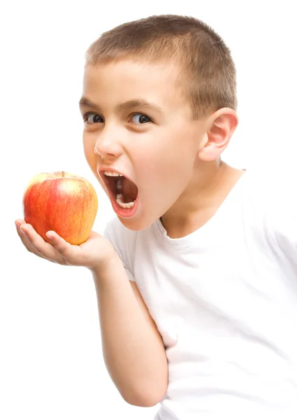 Retrato de un niño feliz con manzanas — Foto de Stock