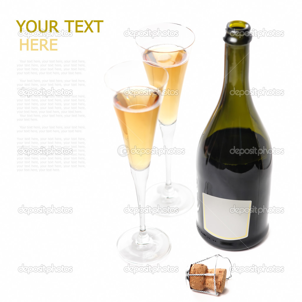 A bottle of wine on a white background with two glasses of