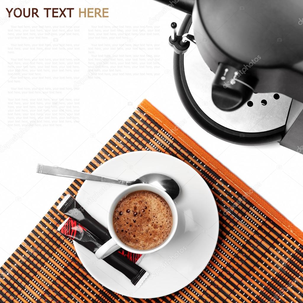 Coffee maker and coffee ready on a white background (with sample text)