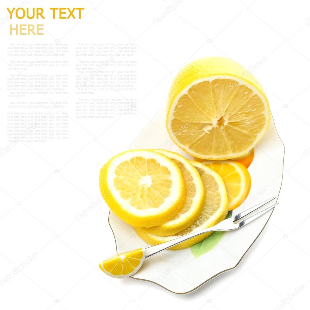 sliced lemon on a plate on a white background (with sample text)