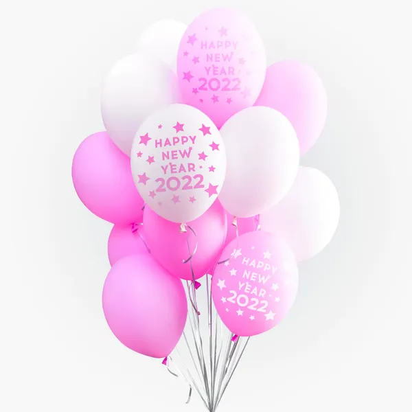 2022 Bonne année. Ballons colorés, rose, blanc, banderoles. Ballon d'hélium flottant à la fête de Noël. Concept ballon Nouvel An et composition de Noël — Photo