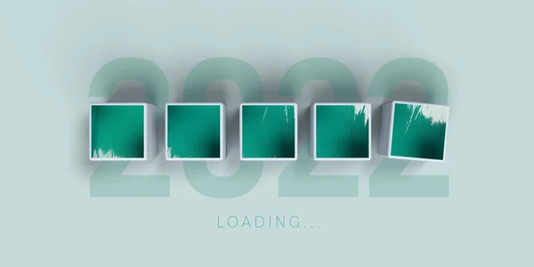 Glass cubes in the form of new 2022 loading concept. Metal glass cube for countdown to new year. Loading year 2021 to 2022. Start concept. Loading bar 3d render and illustration — Stock Photo, Image