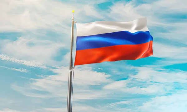 Ilustrasi 3D bendera Rusia. Russia Flag Waving 3D Rendering High Quality Image (dalam bahasa Inggris). ilustrasi bendera Rusia melambai dalam angin. Bendera Rusia berhembus angin. Putih, Biru, latar belakang Red Flag dari langit — Stok Foto