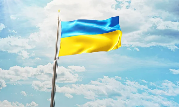 Ilustracja 3D flagi Ukrainy. Ukraina Flagi Macha 3D Rendering obrazu wysokiej jakości. ilustracja flagi Ukrainy machającej na wietrze. Ukraińska flaga na wietrze. Niebieska żółta flaga tło nieba — Zdjęcie stockowe
