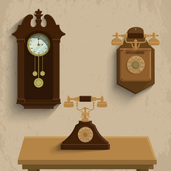 Ретро-телефоны и часы — стоковый вектор