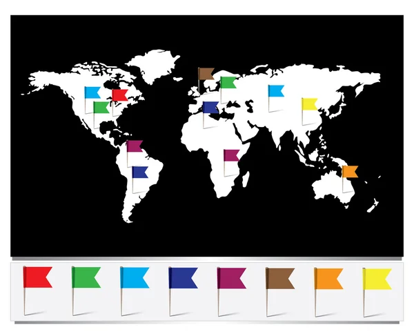 Mapa del mundo con pines de bandera — Vector de stock