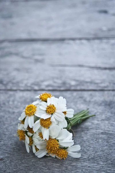 Un pequeño ramo de margaritas blancas sobre un suelo de madera . — Foto de Stock
