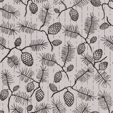 Dikişsiz doku deseninin koniler ve twigs Ladin köknar, çam, köknar, Ladin, köknar iğneleri ile açık renkli çizgili. duvar kağıdı, desen dolgusu, yüzey dokusu kullanılabilir