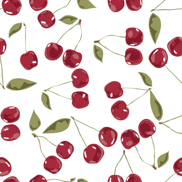 Seamless cherry texture pattern of leaves, stalks and berries on a white background — Stock Vector