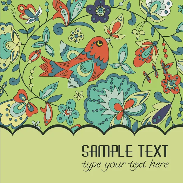 Vignetta o cartolina per testo con un uccello, foglie e fiori. colori brillanti — Vettoriale Stock
