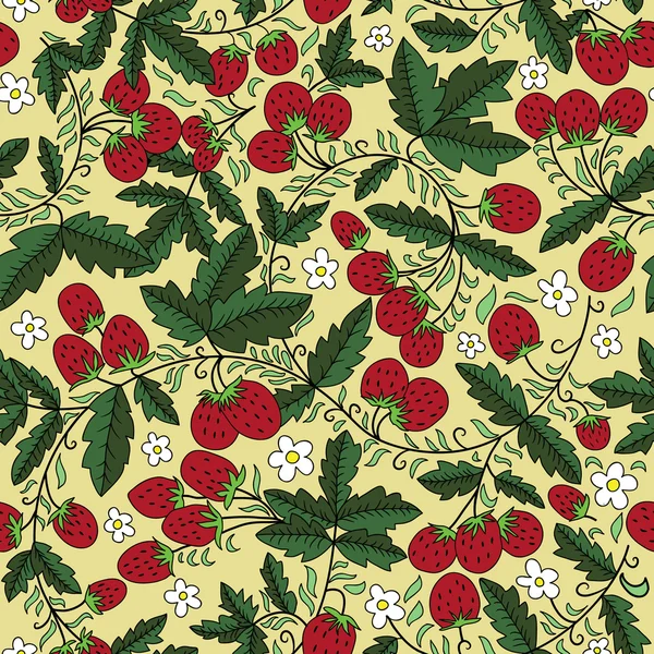 用草莓和树叶的无缝纹理 — 图库矢量图片