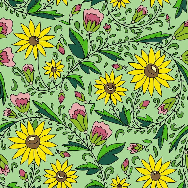 Seamless texture with flowers, sunflower, leaves, buds